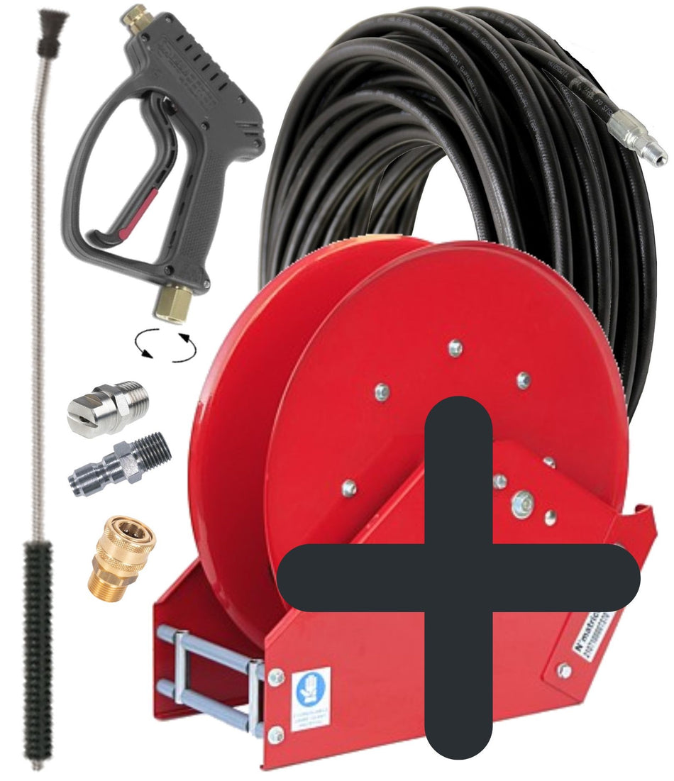 Sauro Rossi Auto A series retractable water blaster hose reel with 10 mm (3/8 inch) ID hose and gun kit