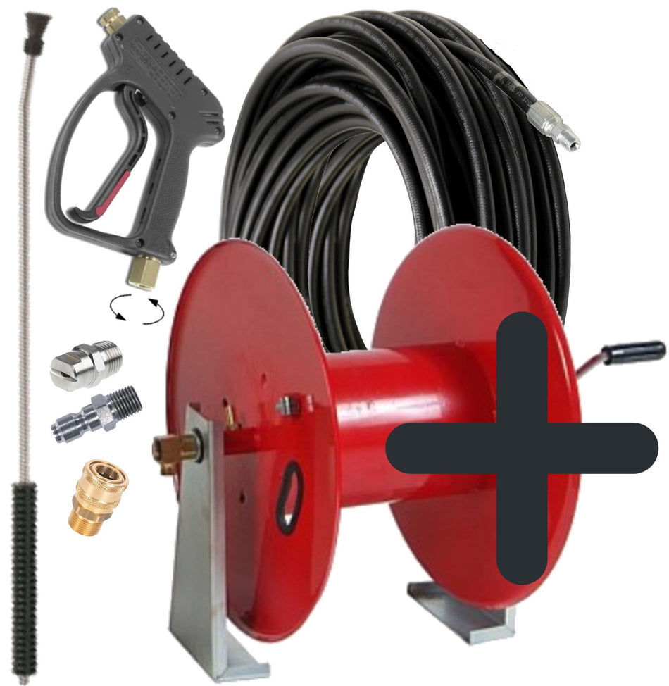 Sauro Rossi Magnum Baby 2000 water blaster hose reel kit with 10 mm (3/8 inch) ID hose and gun assembly