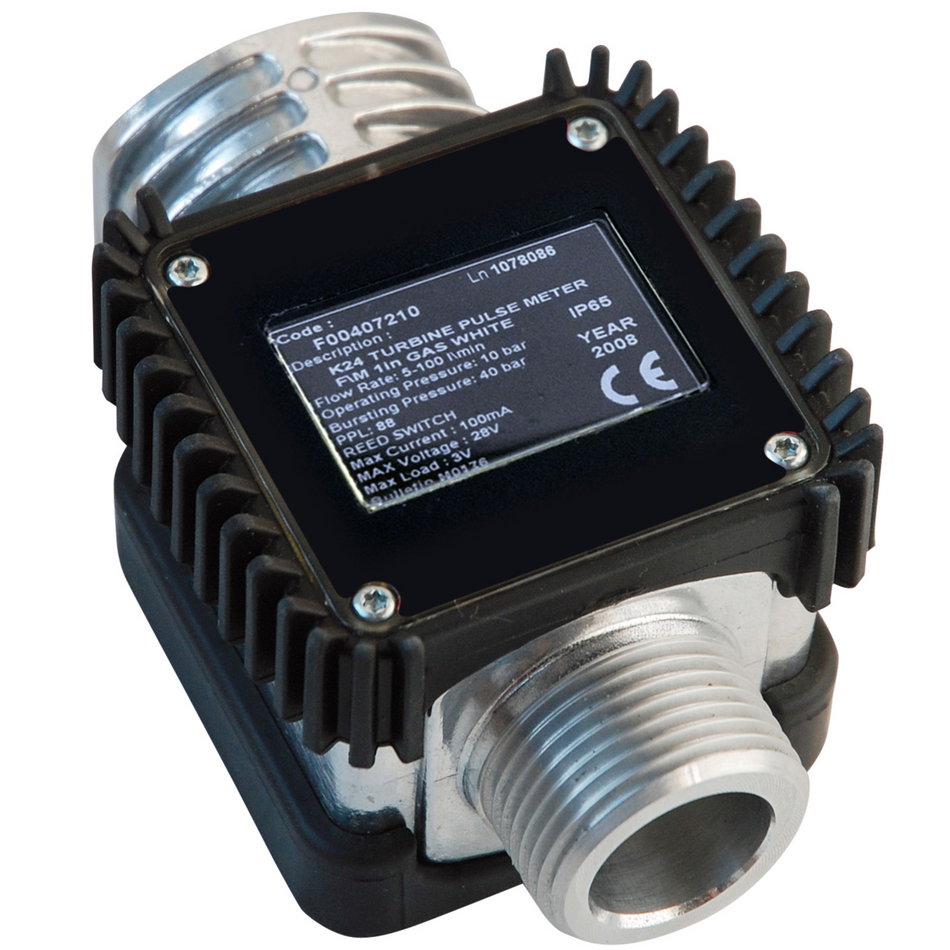 Piusi K24 aluminium pulser flow meter (no display) 1 inch BSP(M/F) for petrol and diesel 7 to 120 lpm 20 bar (290 psi)