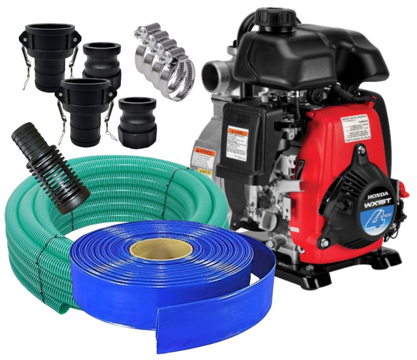 Honda WX15TU 40 mm 1-1/2 inch BSP(M) water pump with hose and camlock fittings kit 272 lpm 37 m head