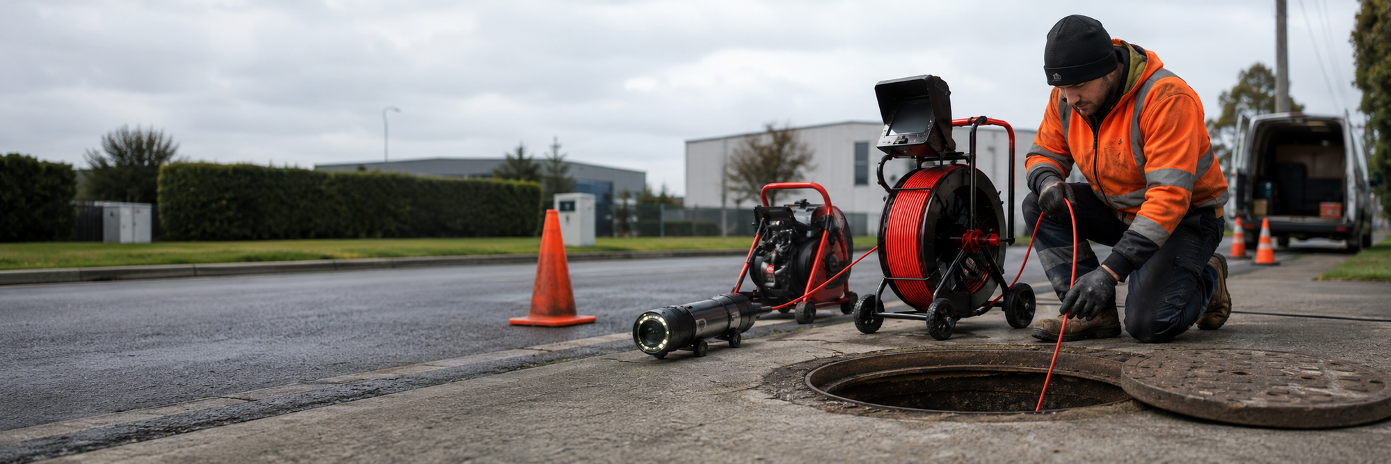 New Zealand drainage contractor using CCTV inspection equipment and underground drain cleaning gear beside an open manhole on a worksite.