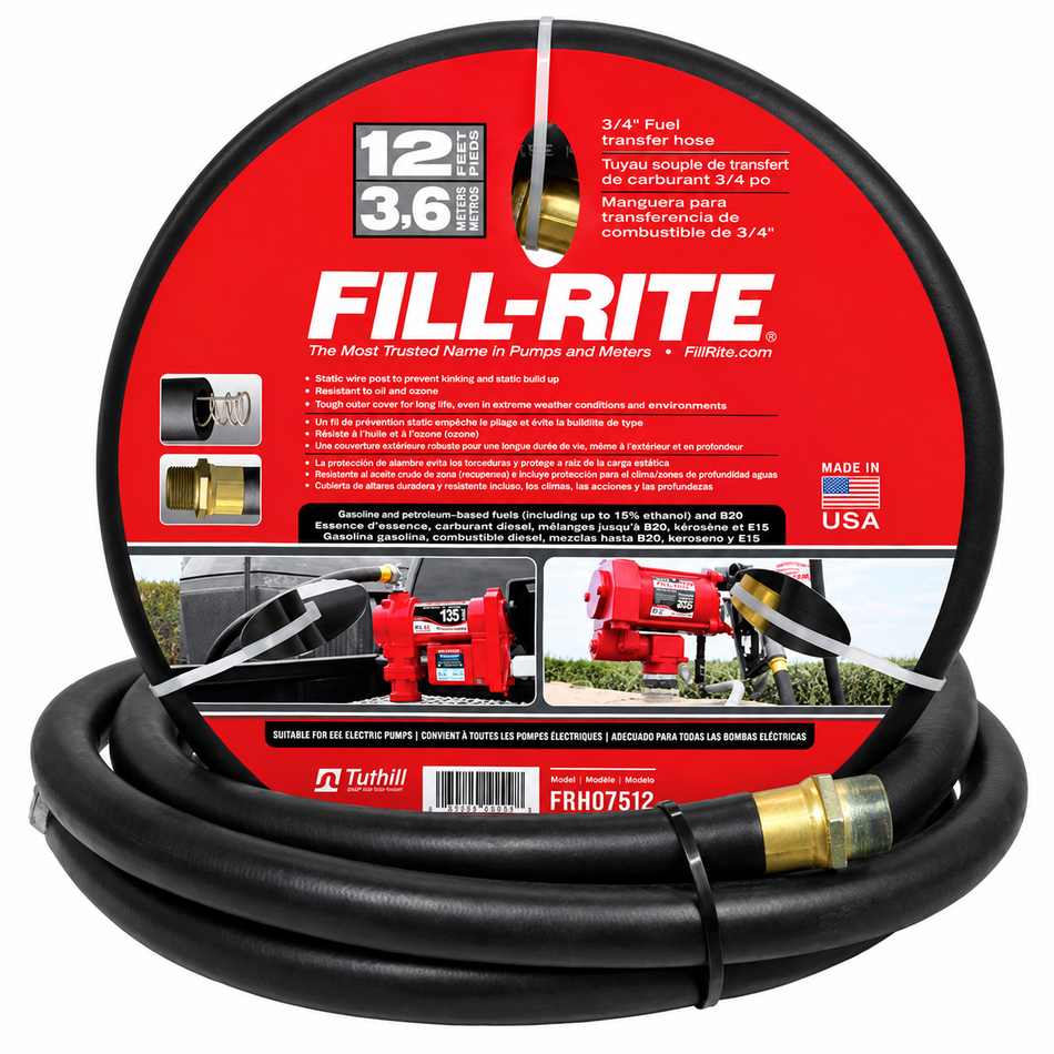 Fill Rite FRH series hose for petrol and diesel with NPT(M) threads both ends