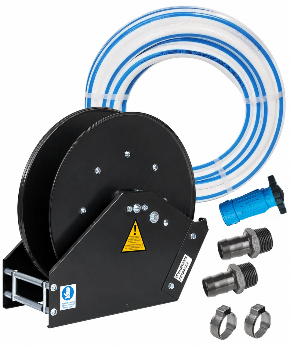 Ketta Auto A4 retractable hose reel with 25 mm (1 inch) white dairy wash-down hose and nozzle - all options