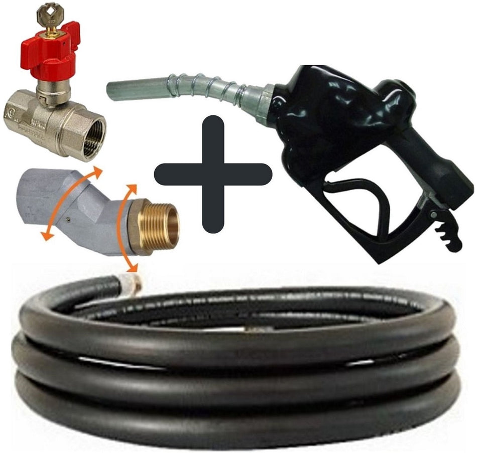 FoxHose FDH fuel hose delivery kit with 25 mm (1 inch) hose and multi-plane swivel with Carder automatic fuel nozzle and locking fuel tap