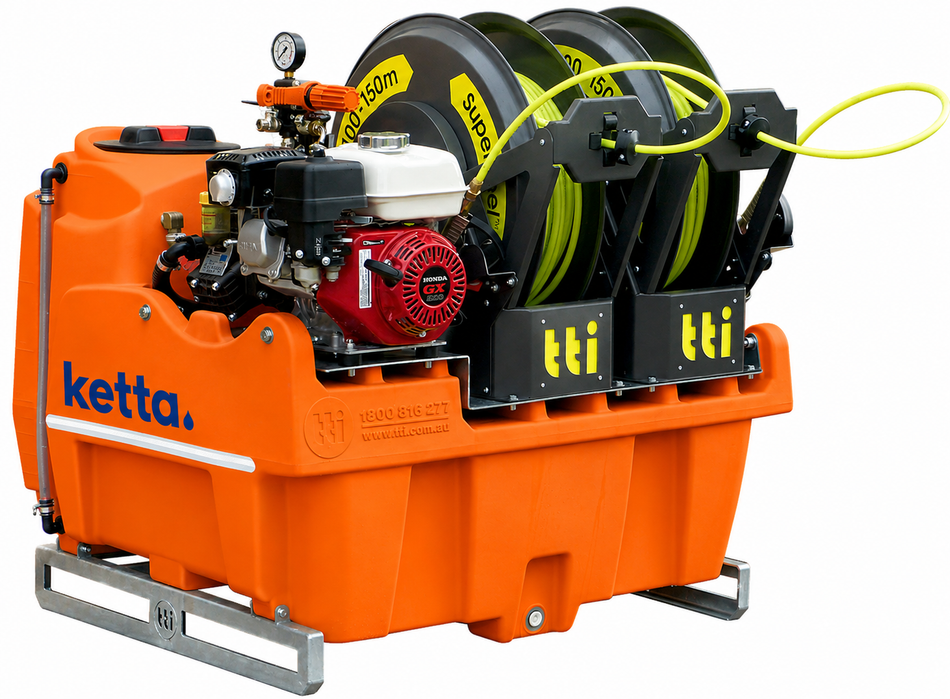 Ketta OnDeck 300 litre UTV sprayer Honda GX200 with Twin SuperReel 100m hose reels