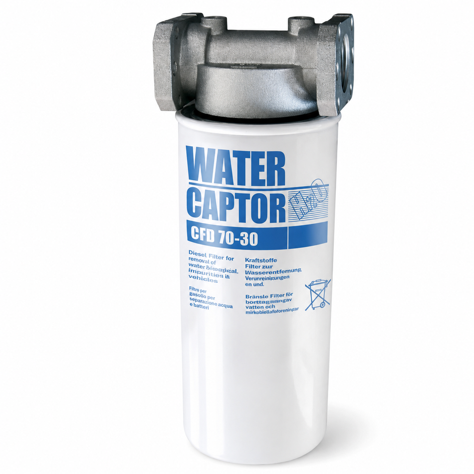 Piusi CFD70-30 Water Captor fuel filter 70 lpm for diesel and petrol 1 inch BSP(F) ports (includes 2 x filter cartridges) 30 micron