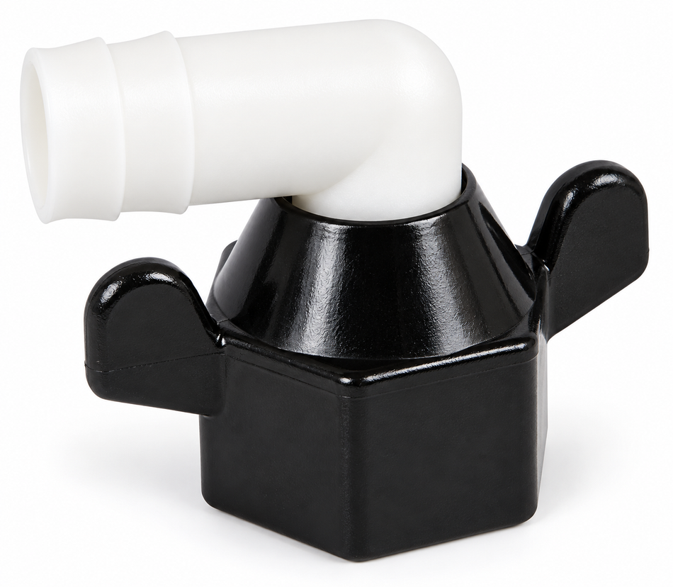 Shurflo hose tail elbow with 1/2 inch F threaded wingnut