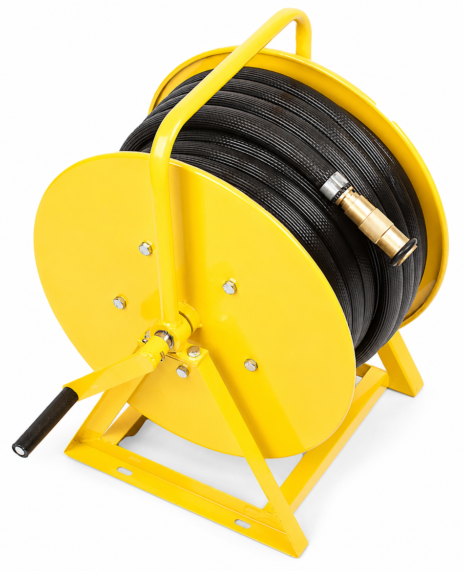 Ketta HRS wash-down hose reel assembly with 25 m x 20 mm (3/4 inch) black PVC hose and brass adjustable nozzle