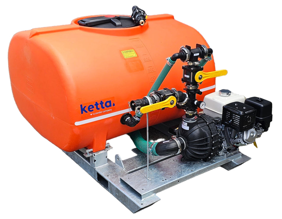 Ketta HD1500 series Hydro-seeder 1500 litre with galv skid frame Hypro 3 inch pump Honda GX390 11 hp and twin bypass tank agitation system