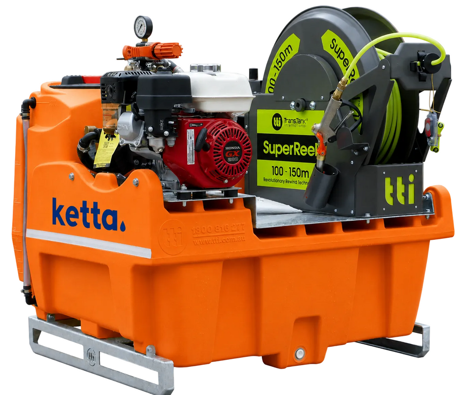 Ketta OnDeck 300 litre skid sprayer Honda GX200 with SuperReel 100 m hose reel