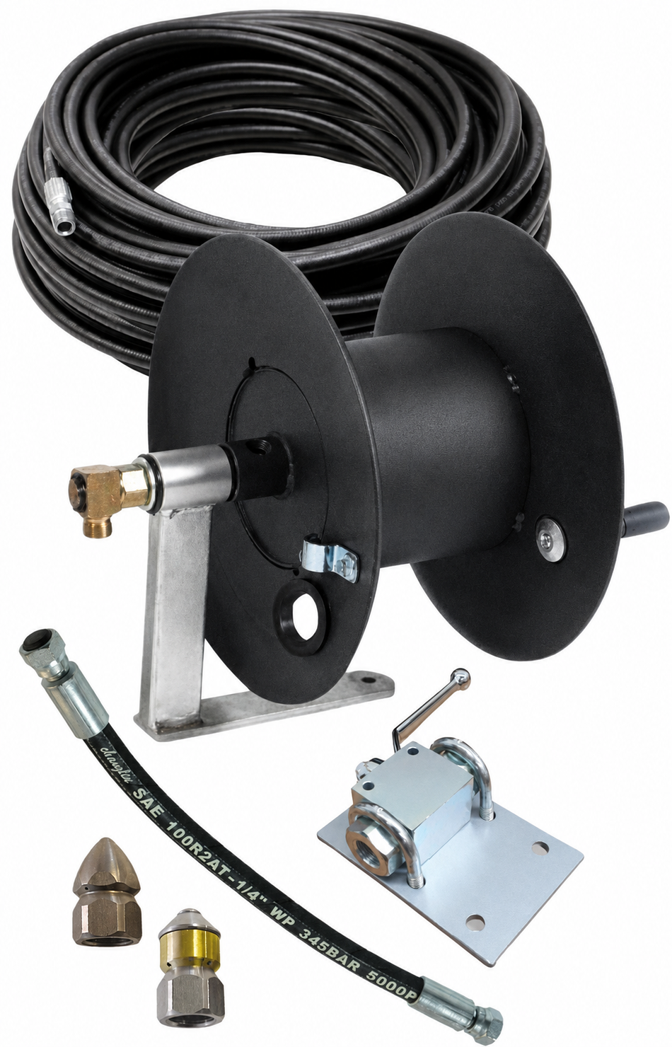 Ketta B700 drain jetter sewer hose reel with 20 m x 10 mm (3/8 inch) hose, ball valve and nozzles