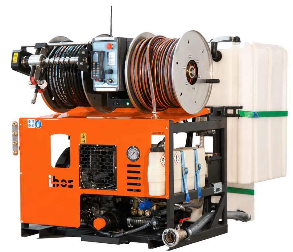iBos HydroJet 70-150 Van Mount drain jetting machine with 80 m x 13 mm (1/2 inch) jetting hose for pipes DN50-300 70 lpm 150 bar (2175 psi)