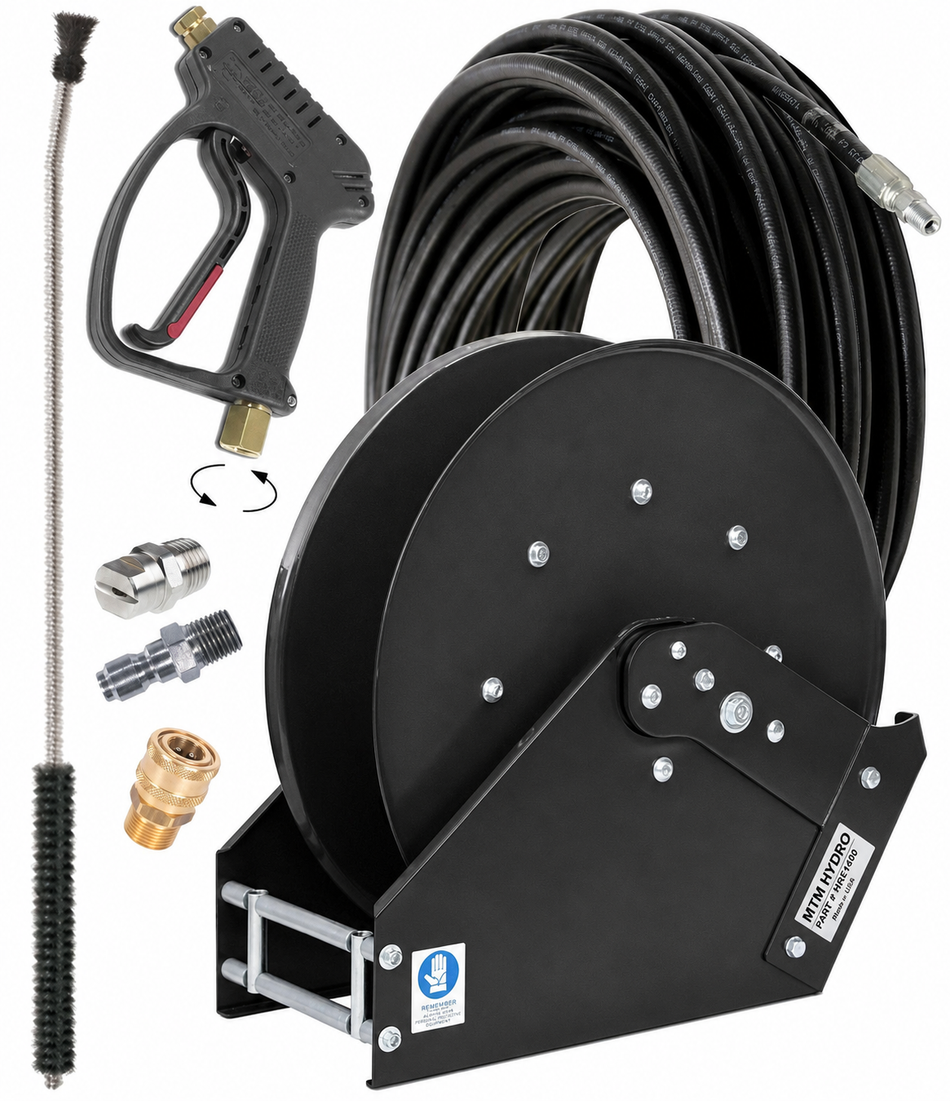 Ketta Auto A series retractable water blaster hose reel with 10 mm (3/8 inch) ID hose and gun kit
