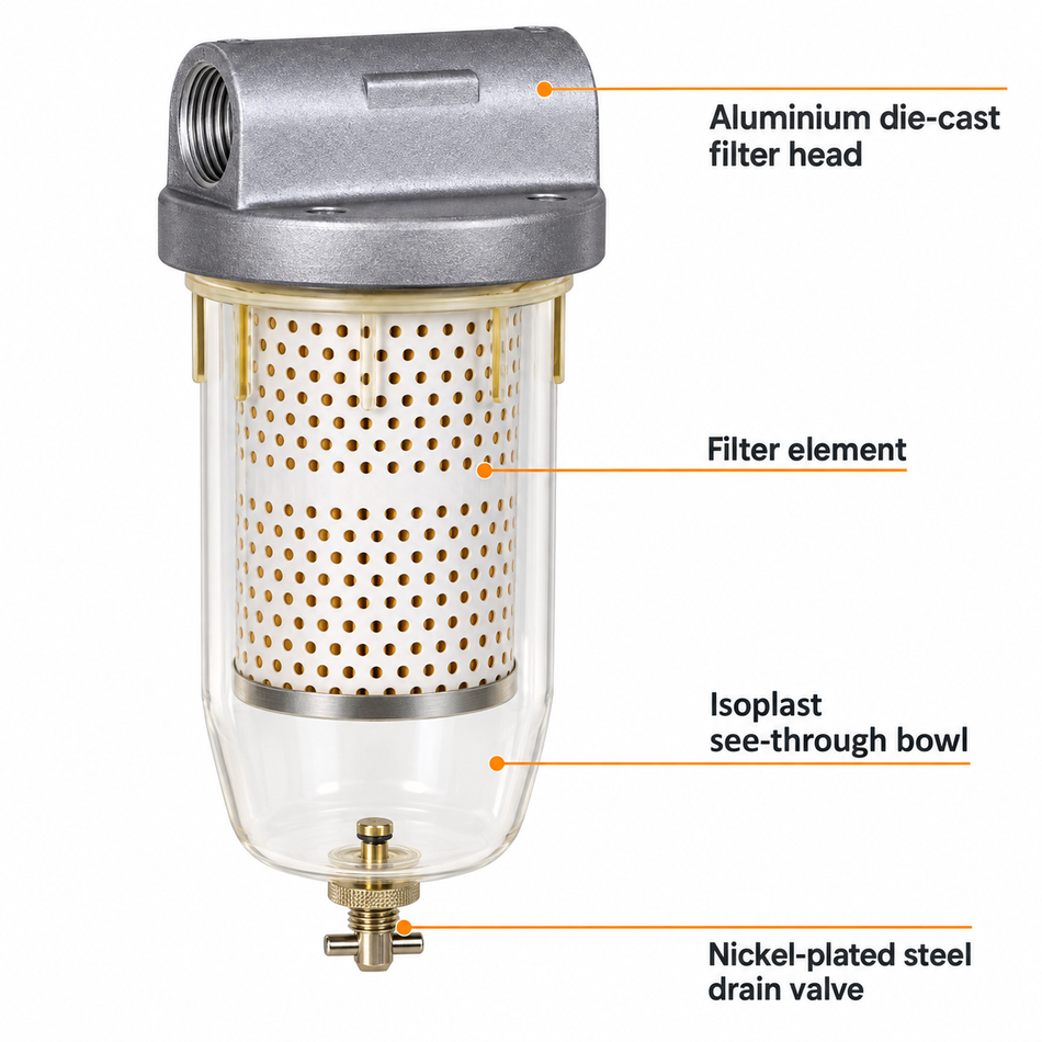 Ketta NS10 clear bowl fuel filter 1 inch BSP(F) with drain tap 10 micron (optional water-block)