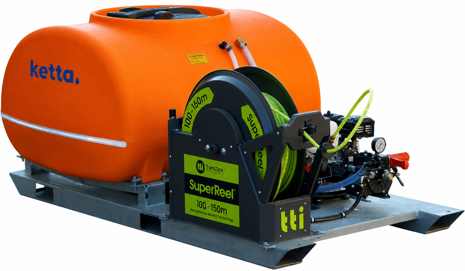 TTi TopCrop 1000 litre skid sprayer with SuperReel radio control hose reel 150 m x 10 mm hose