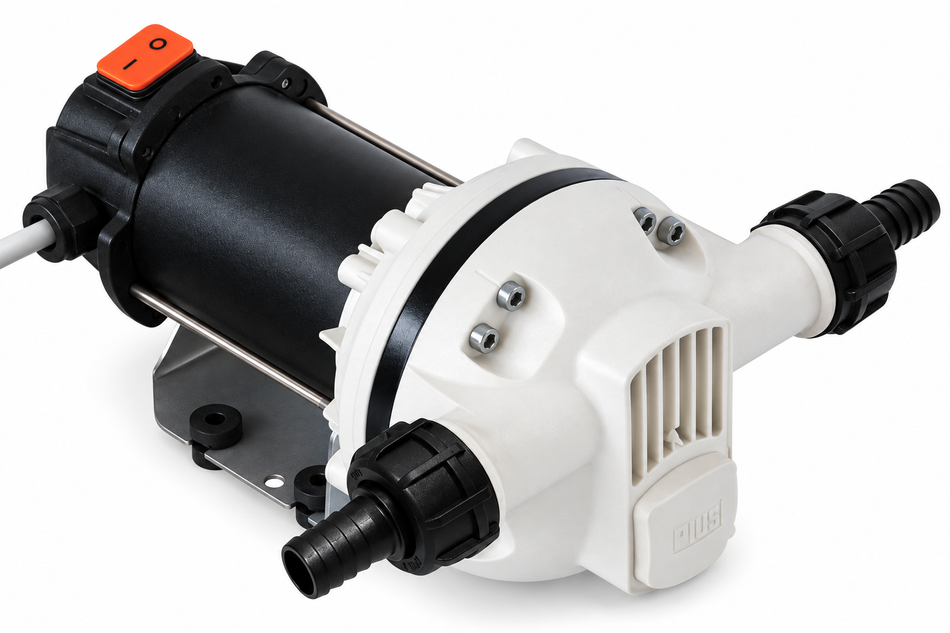 Piusi Suzzara Blue 24v diaphragm pump for AdBlue and more 1 inch BSP(M) with 19 mm (3/4 inch) hose tails 36 lpm 1.6 bar (23.5 psi)