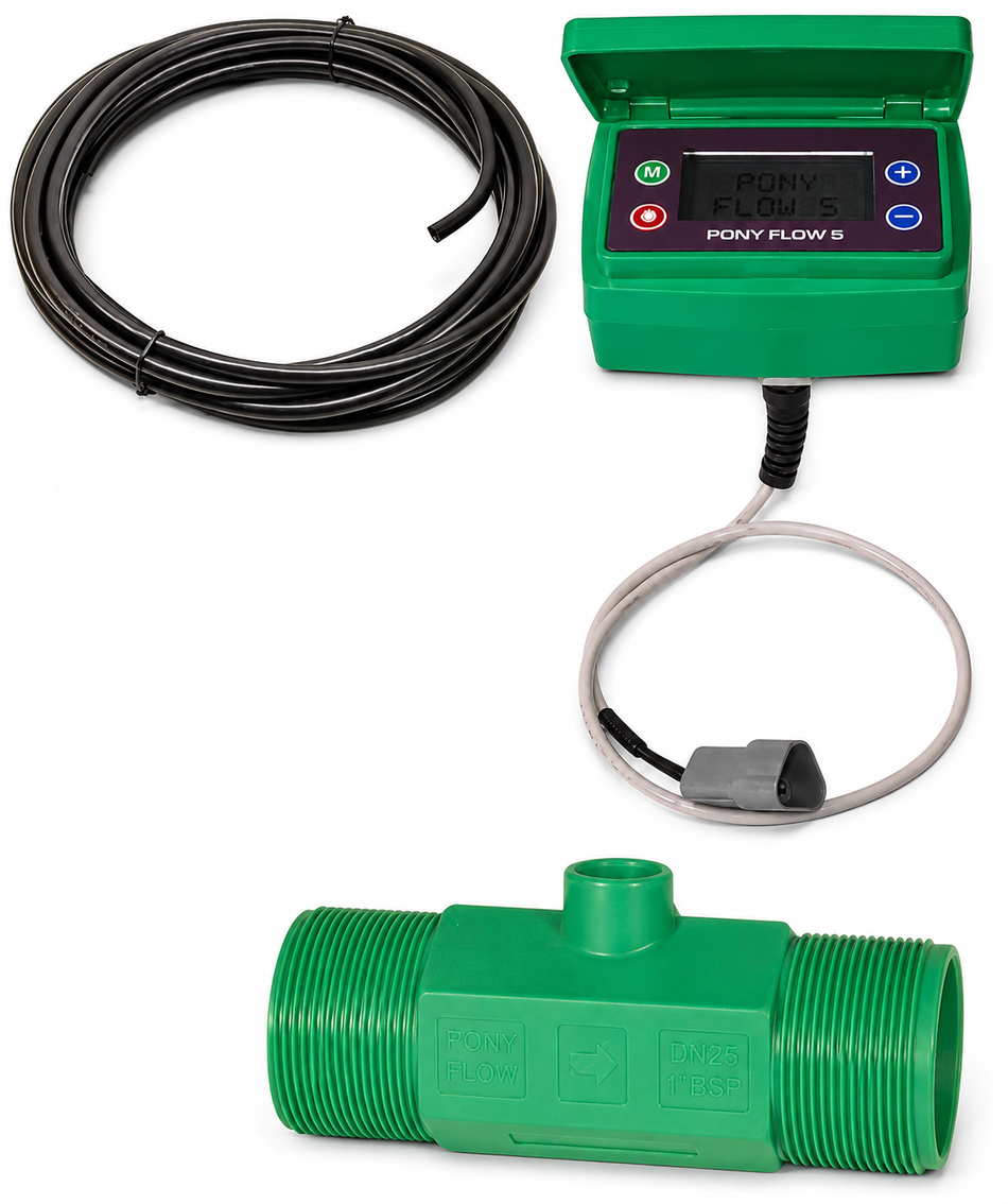 Green 100 mm 4 inch BSP(M) nylon flow meter with remote display and 6.5 m cable 300 to 3000 lpm 20 bar (290 psi)