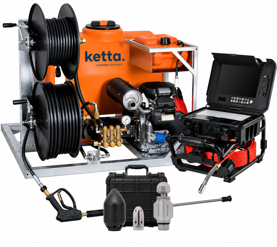 Ketta DrainTracer Van Mount VM series compact drain cleaner with Rain-Proof camera pack and 3 x piece drain nozzle kit - all options