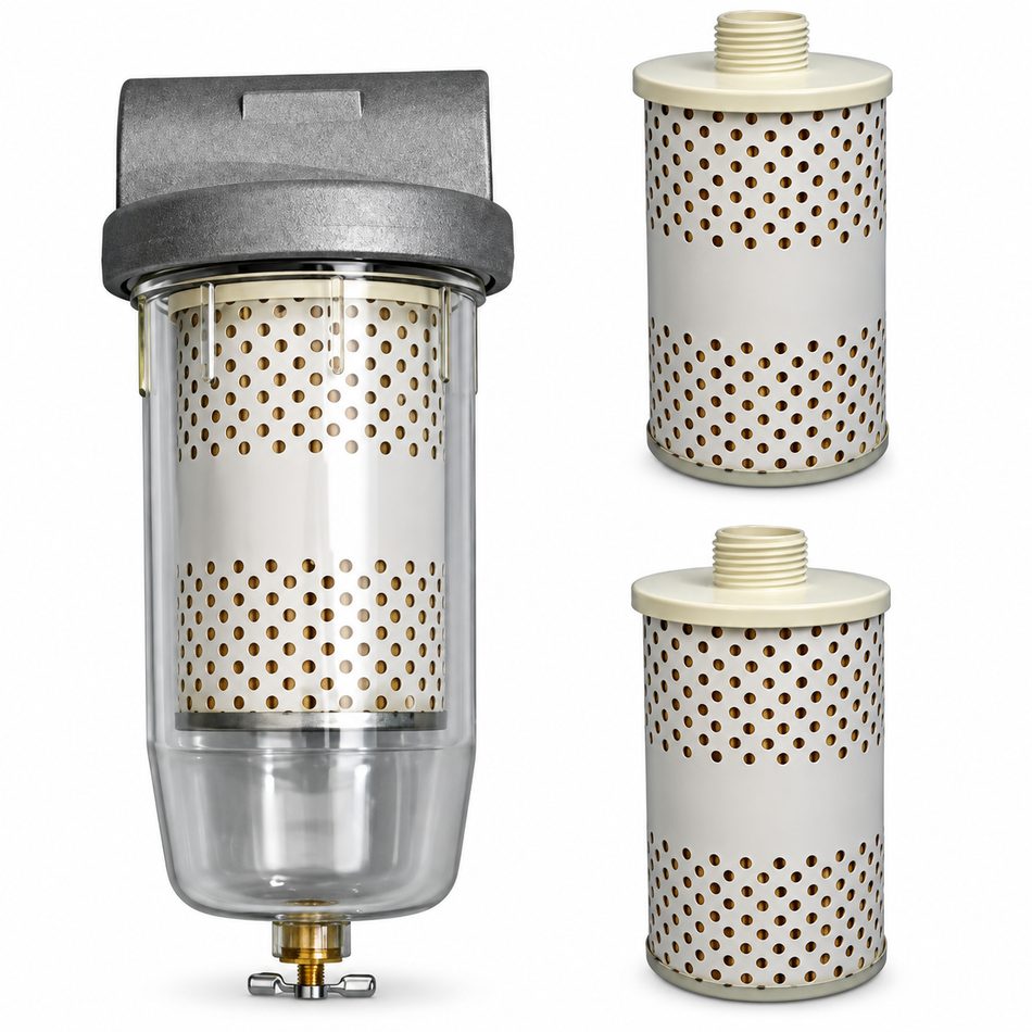 Ketta 21.3025 clear bowl NS10 fuel filter 1 inch BSP(F) with drain tap 10 micron (includes 2 x extra spare filter elements) optional water-block