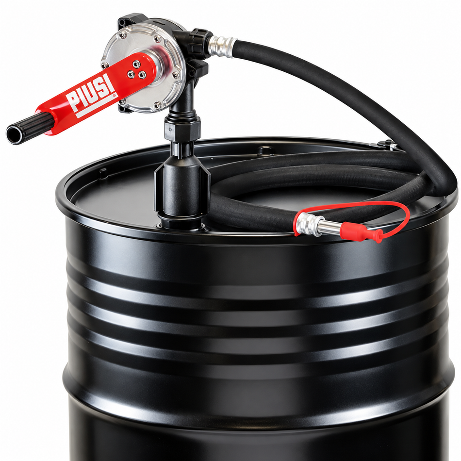 Piusi F00332520 rotary hand drum pump with 3 m hose kit for oil and diesel 38 litres per 100 revolutions