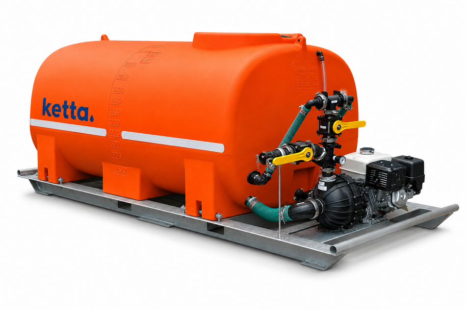 Ketta HD2000 series Hydro-seeder 2000 litre with galv skid frame Hypro 3 inch pump Honda GX390 11 hp and twin bypass tank agitation system