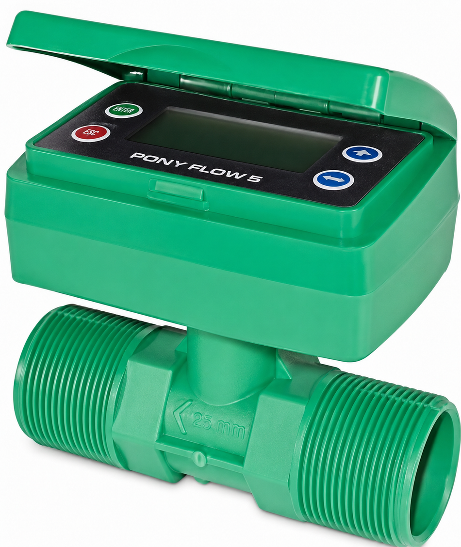 Green 40 mm 1-1/2 inch BSP(M) nylon flow meter (with detachable display) turbine type 35 to 500 lpm 20 bar (290 psi)