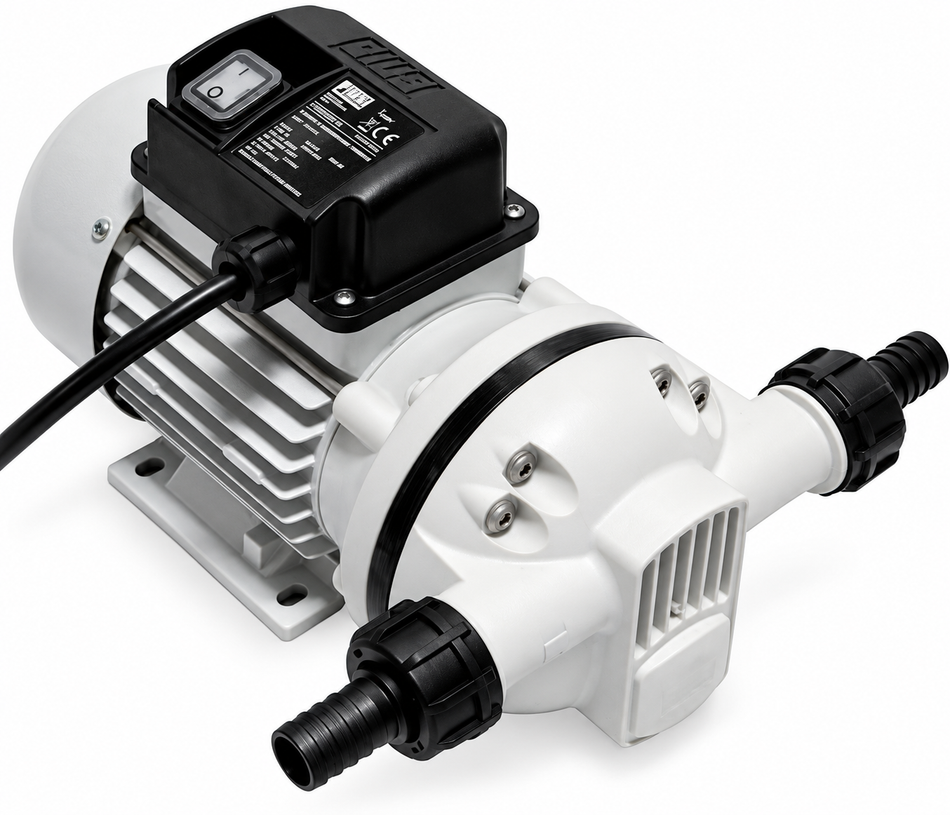 Piusi Suzzara Blue 230v diaphragm pump for AdBlue and more 1 inch BSP(M) with 19 mm (3/4 inch) hose tails 34 lpm 1.7 bar (25 psi)