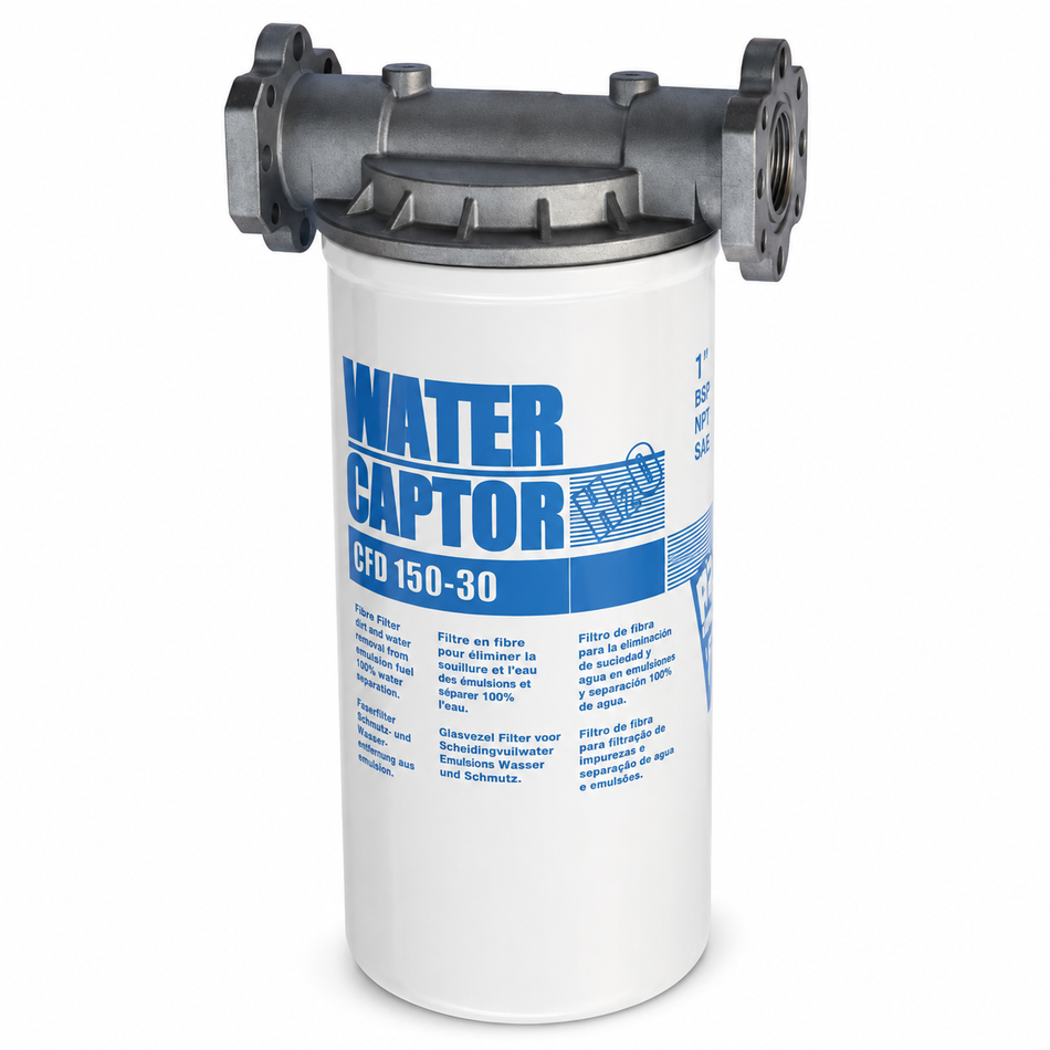 Piusi CFD150-30 Water Captor fuel filter 150 lpm for diesel and petrol 1 inch BSP(F) ports (includes 1 x filter cartridge) 30 micron