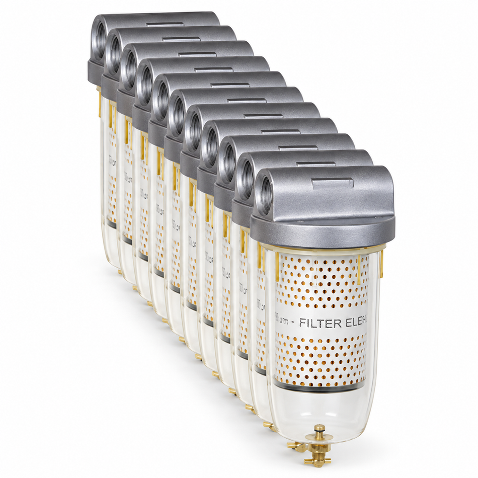 Ketta 21.3025 clear bowl NS10 fuel filter 1 inch BSP(F) with drain tap 10 micron (10 x bulk pack) optional water-block