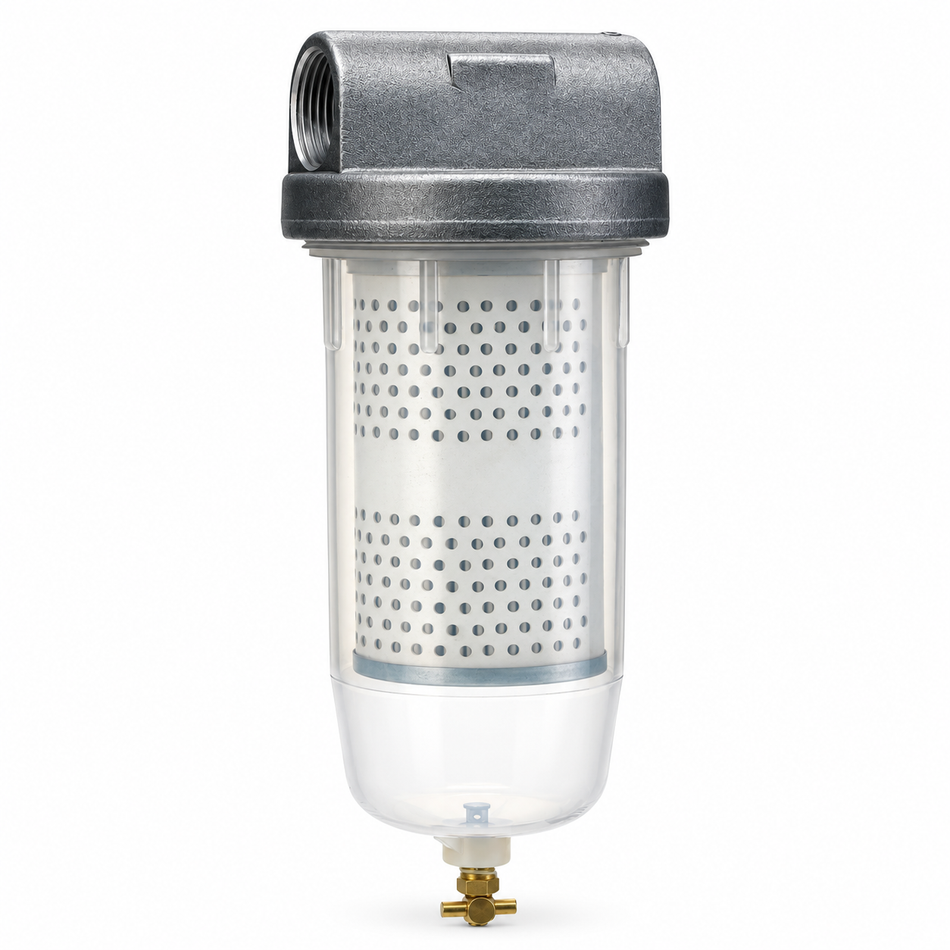 Ketta NS10 clear bowl fuel filter 1 inch BSP(F) with drain tap 10 micron (optional water-block)