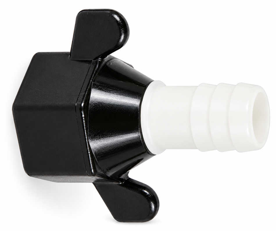 Shurflo straight hose tail with 1/2 inch F threaded wingnut