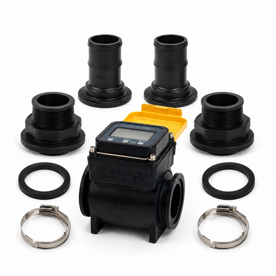 Banjo MFM220 50 mm (2 inch) open bore magnetic flow meter with optional fittings kit (6 x AA batteries included) 23 to 1100 lpm