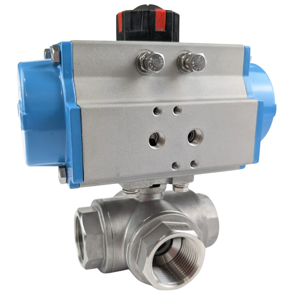 Ketta BLS3SR series pneumatic air operated 3 way stainless steel ball valve (spring return) 63 bar (900 psi) - all sizes