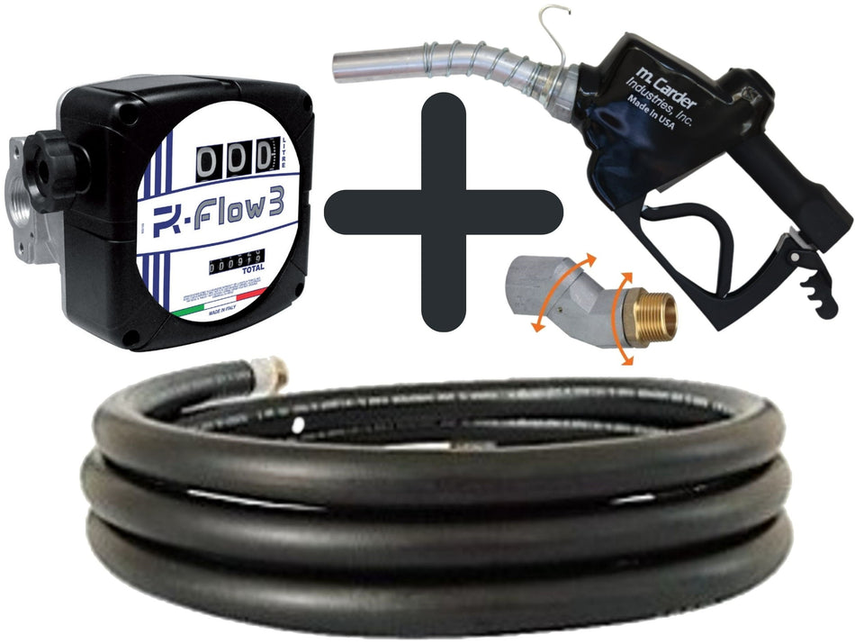 FoxHose FDR series diesel fuel hose kit with 25 mm (1 inch) hose, Carder automatic fuel nozzle and flow meter