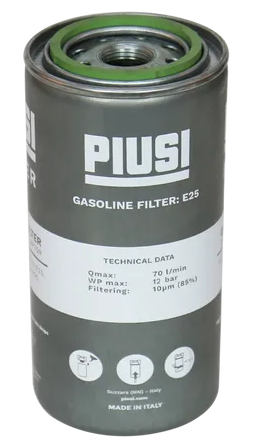 Piusi E25 petrol and diesel fuel filter water absorbing 1 inch BSP(F) ATEX Zone 2 certified 10 micron 70 lpm 12 bar (174 psi)