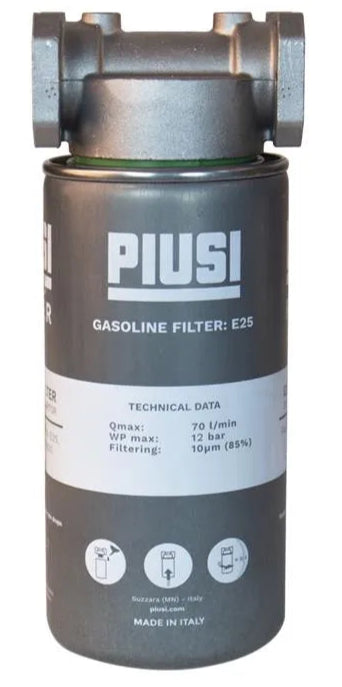 Piusi E25 petrol and diesel fuel filter water absorbing 1 inch BSP(F) ATEX Zone 2 certified 10 micron 70 lpm 12 bar (174 psi)