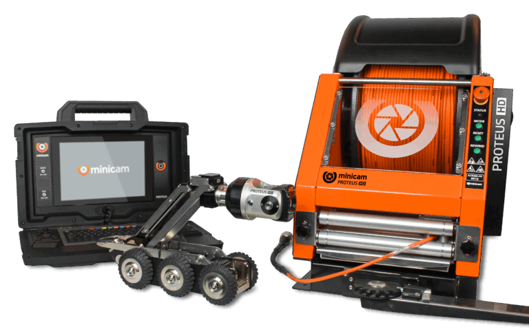 Minicam Proteus HD Mainline Camera Inspection System - Genuine 1080p Full HD, end to end · Pipe range 140–600 mm, cradle-ready to 1,050 mm