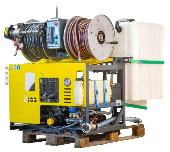 iBos HydroJet 70-150 drain jetting machine with 80 m x 13 mm (1/2 inch) jetting hose for pipes DN50-300 70 lpm 150 bar (2175 psi)