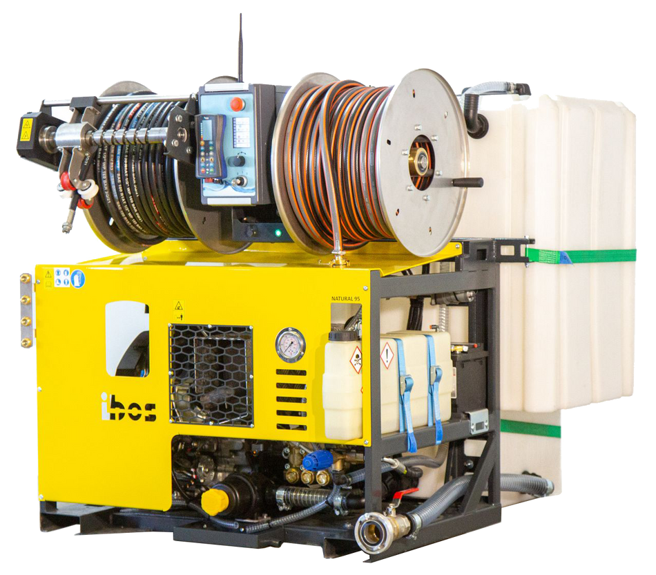 iBos HydroJet 70-150 Van Mount drain jetting machine with 80 m x 13 mm (1/2 inch) jetting hose for pipes DN50-300 70 lpm 150 bar (2175 psi)