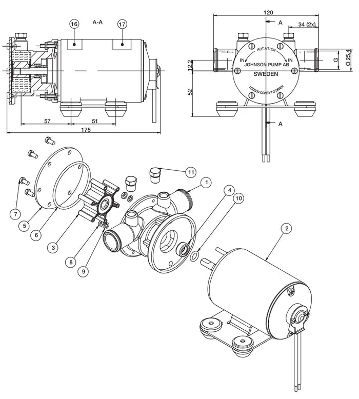 Johnson F38B-19 flexible impeller pump 12/24v with 1/2 inch BSP(F) ports 35 lpm