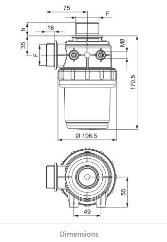 Arag 312 series suction filter 32 mm 1-1/4 inch BSP(M) 60 to 100 lpm