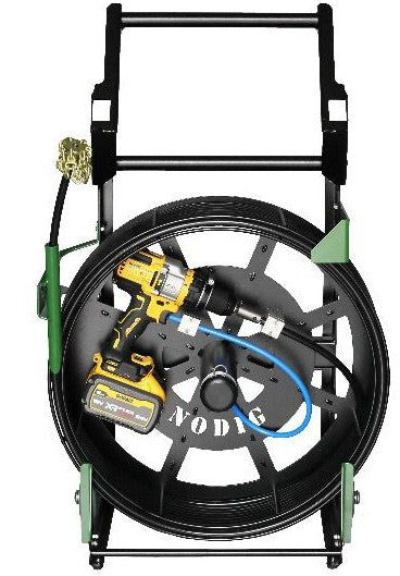 NoDig V8 high speed flexi cable drain cleaner with 18 m x 8 mm cable, DeWalt drill and 2 x 18V/54V 9Ah batteries (for DN50 to DN100 mm pipes)