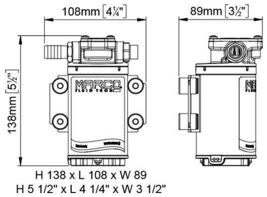Marco UP3/OIL 12/24v gear pump for oil 3/8 inch BSP(F) 13 mm hose tails 5.5 lpm 2 bar (29 psi)