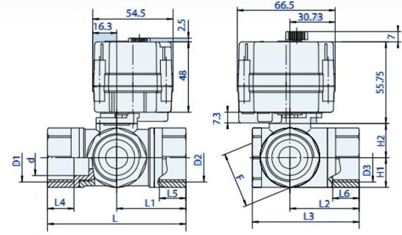 Ketta BASM3 series 3 way electric stainless steel ball valve 12-24v AC/DC (auto return) BSP(F) threads - all sizes