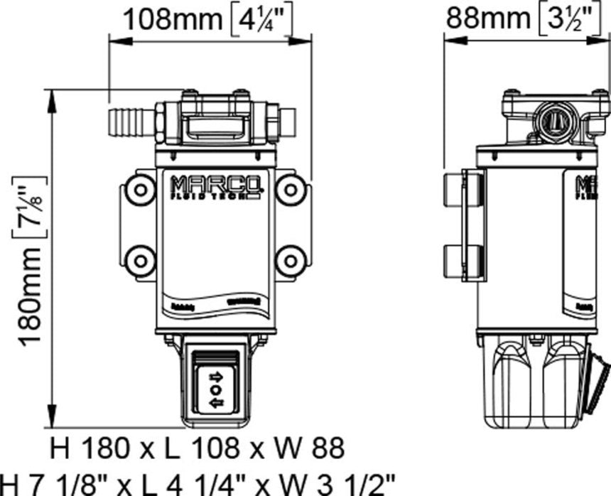 Marco UP3/OIL-R 12/24v gear pump for oil (includes reverser switch) 3/8 inch BSP(F) 13 mm hose tail 5.5 lpm 2 bar (29 psi)