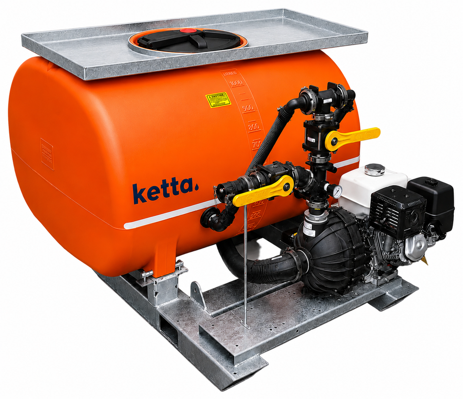 Ketta HD1500 series Hydro-seeder 1500 litre with galv skid frame Hypro 3 inch pump Honda GX390 11 hp and twin bypass tank agitation system