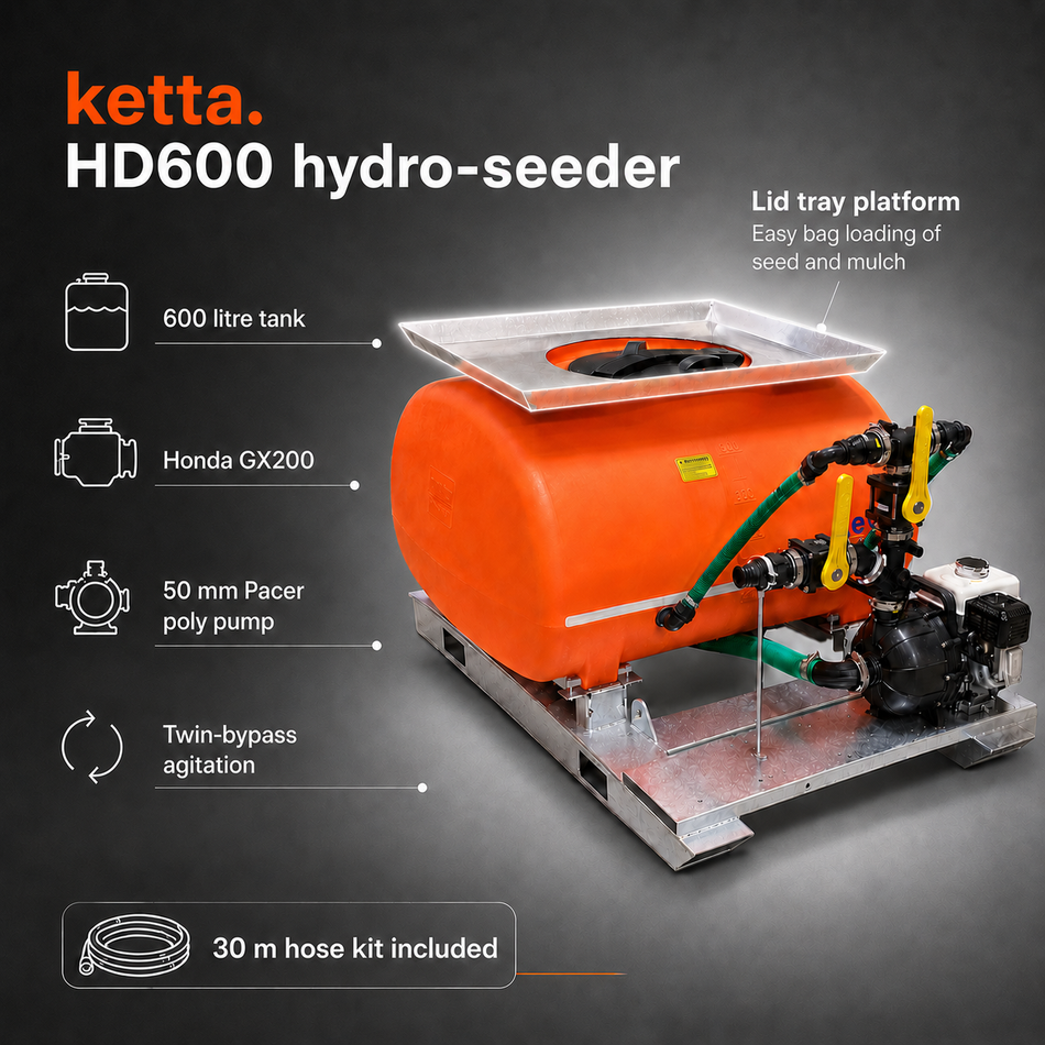 Ketta HD600 series Hydro-seeder 600 litre with galv skid frame Pacer 2 inch pump Honda GX200 5.5 hp and twin bypass tank agitation system