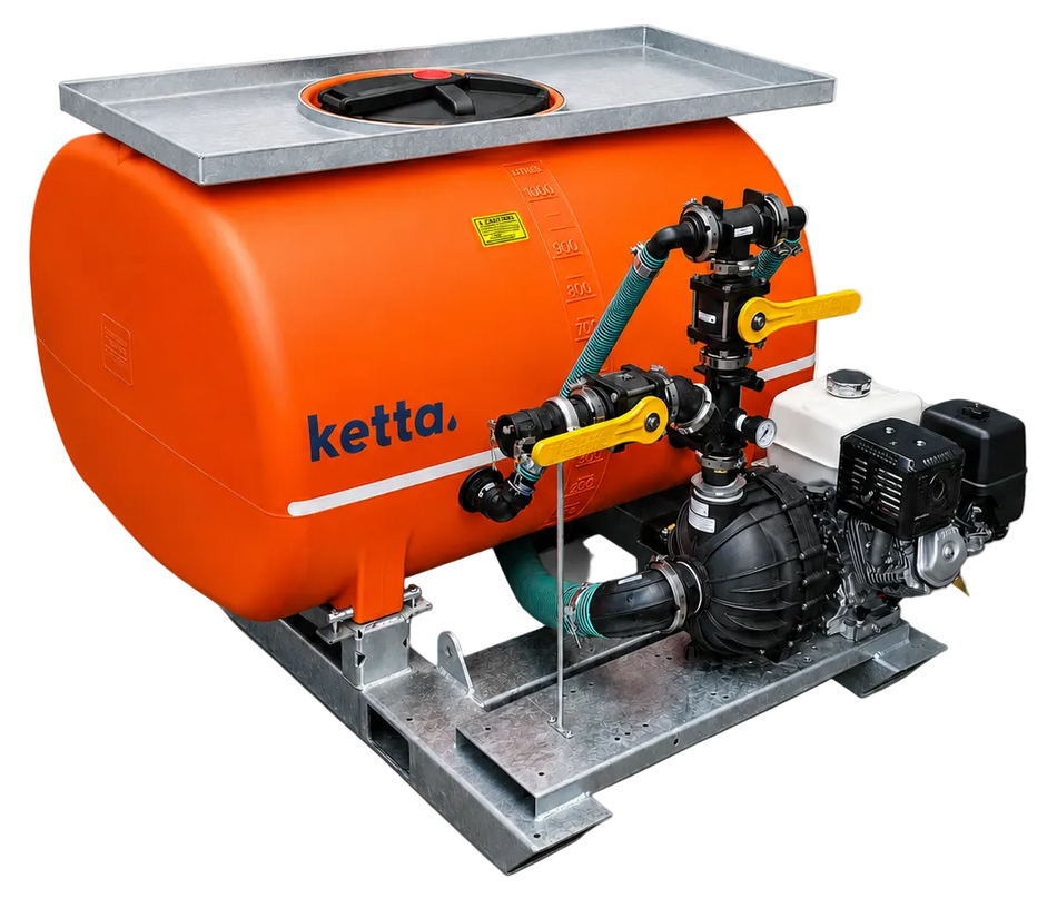 Ketta HD1500 series Hydro-seeder 1500 litre with galv skid frame Hypro 3 inch pump Honda GX390 11 hp and twin bypass tank agitation system