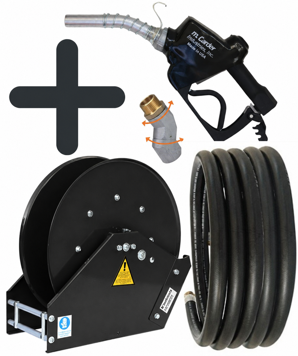 Ketta 565 series retractable diesel hose reel assembled with hose and Carder Big Mouth automatic fuel nozzle and multi-plane swivel