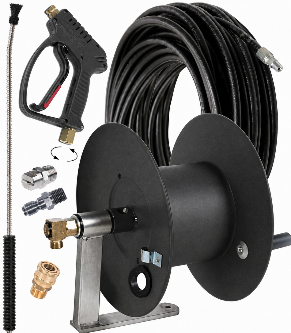 Ketta Magnum Mini hose reel with 20 m x 10 mm (3/8 inch) water blaster hose and gun kit